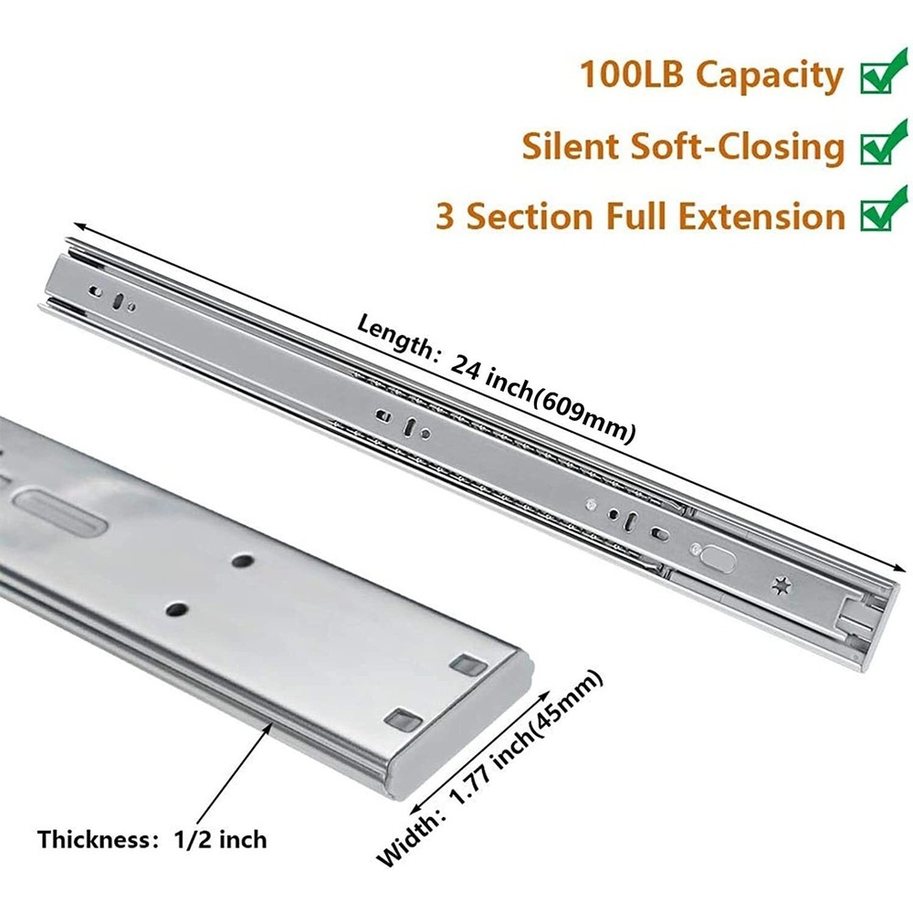 LONTAN 24" Drawer Slides Soft Close Full Extension Ball Bearing Side Mount‎ 2pk